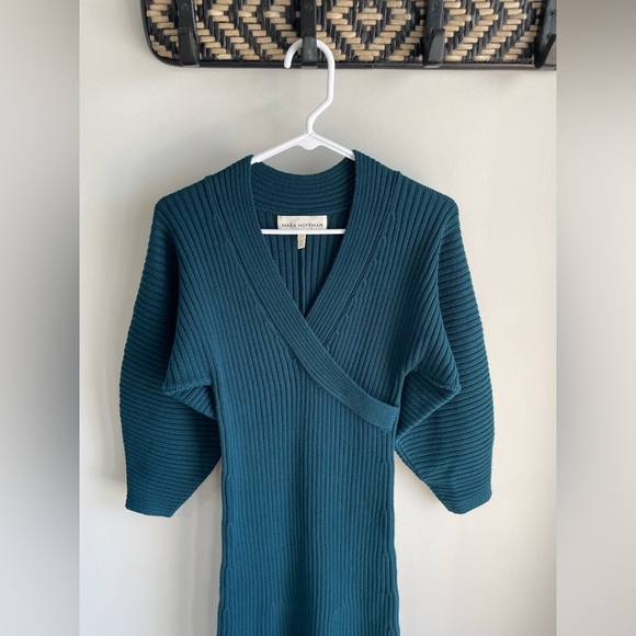 Mara Hoffman Samira Wrap Effect Ribbed Sweater Midi Dress - Teal Blue - Size XS - Picture 6 of 13